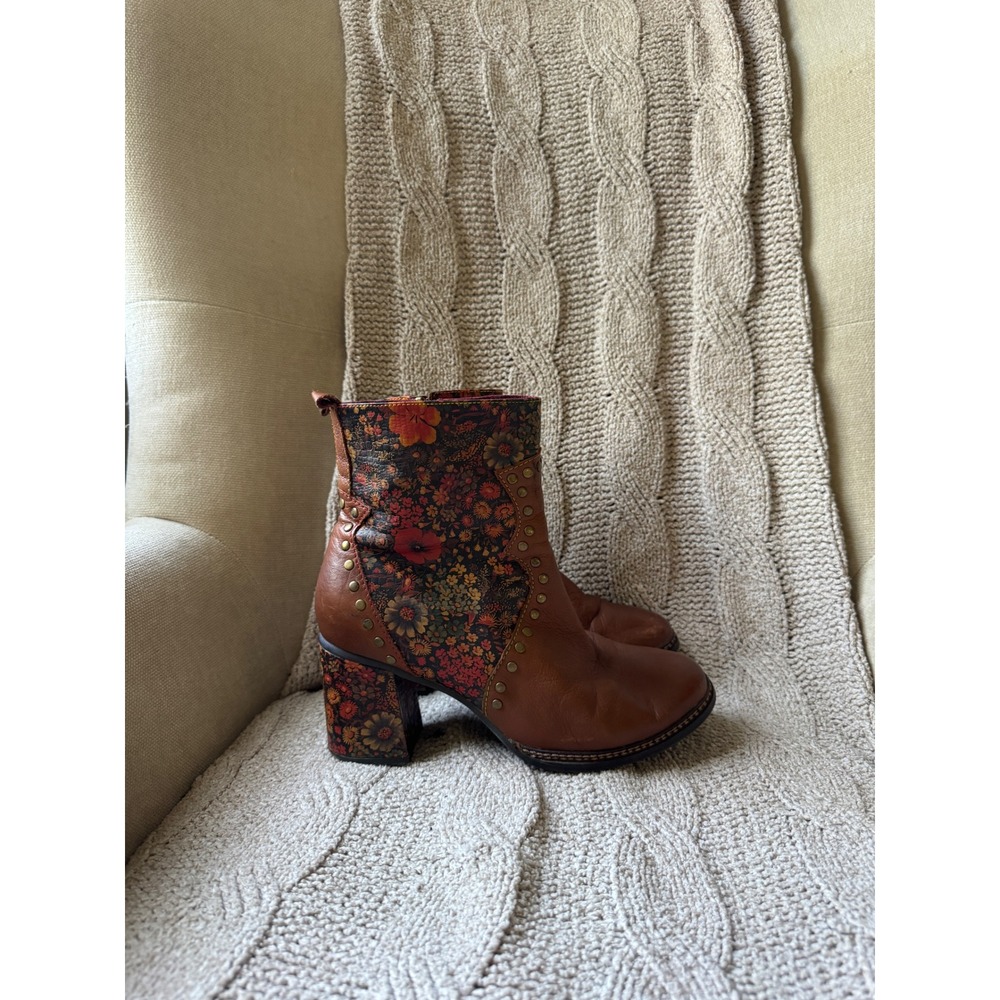 Spring Step L'Artiste Olevia Brown Leather Floral Tapestry Ankle Boots Size 38